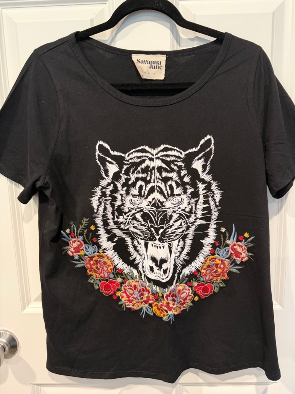 Savanna Jane Black Tee with White Tiger and Floral Embroidery Accent